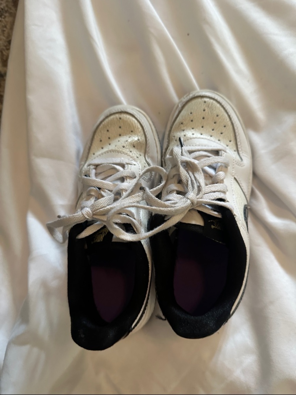 Nike Air Force Kids White and Black Lace-Up Sneakers with Purple Insole
